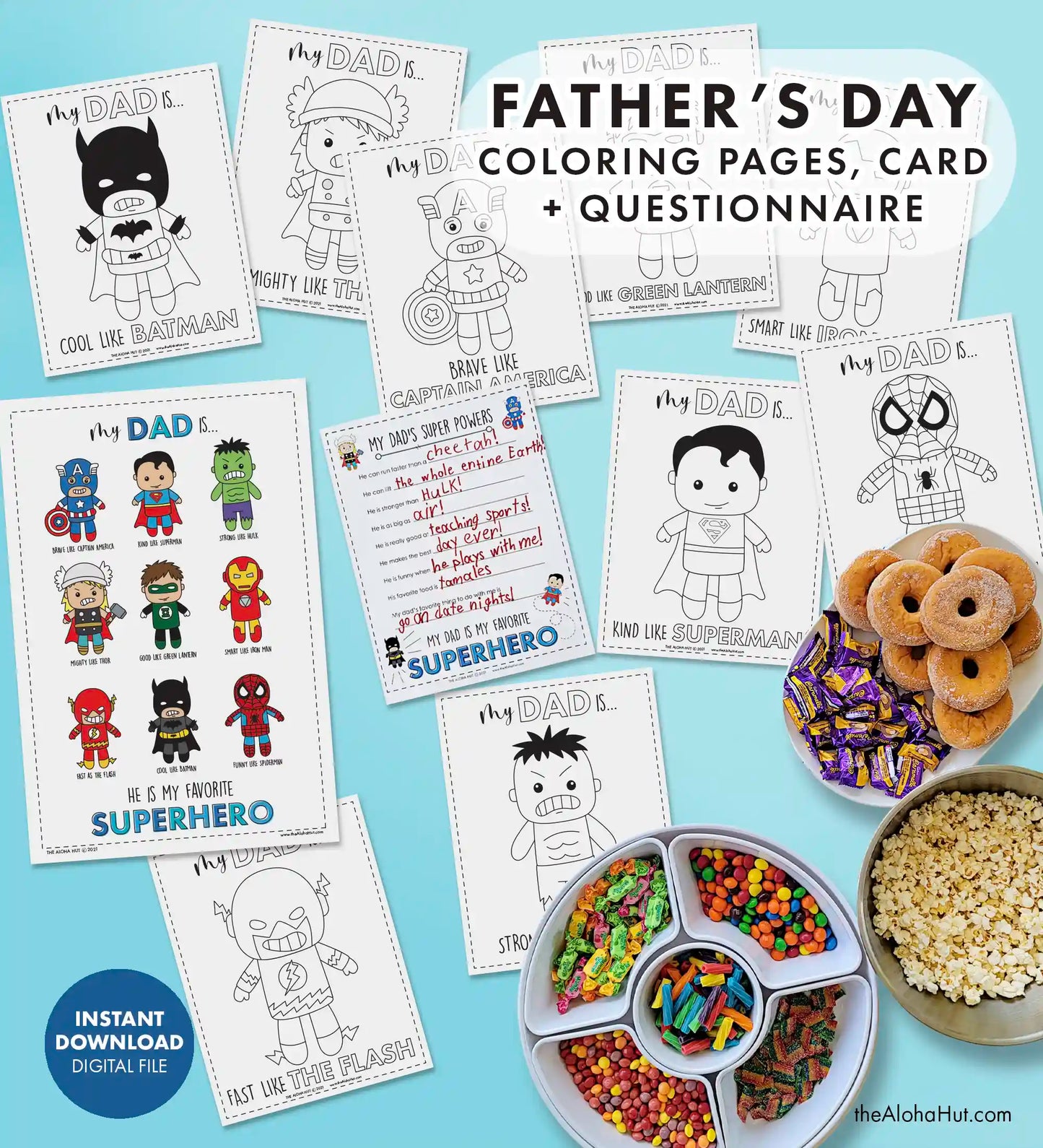 Superhero Father's Day Cards Coloring Pages + Questionnaire