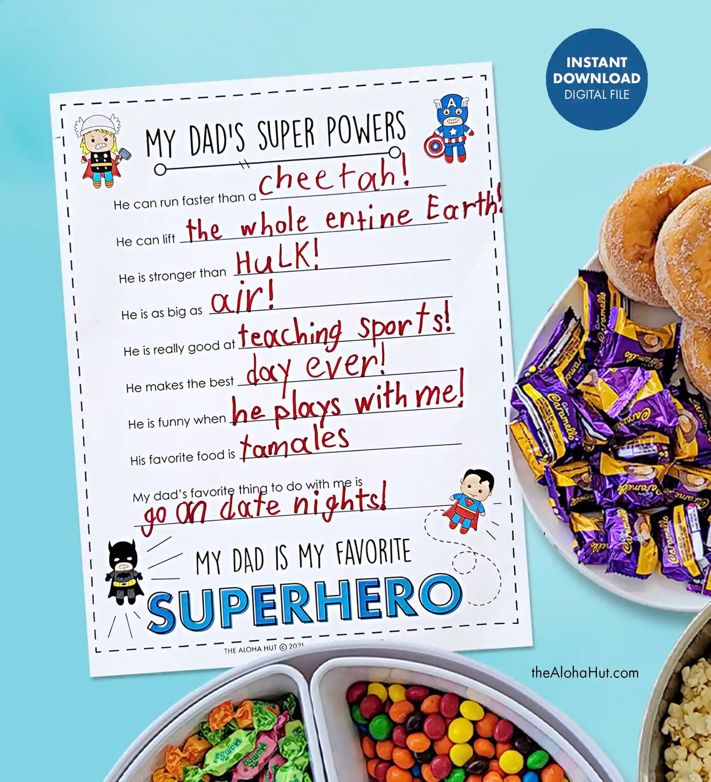 Superhero Father's Day Cards Coloring Pages + Questionnaire