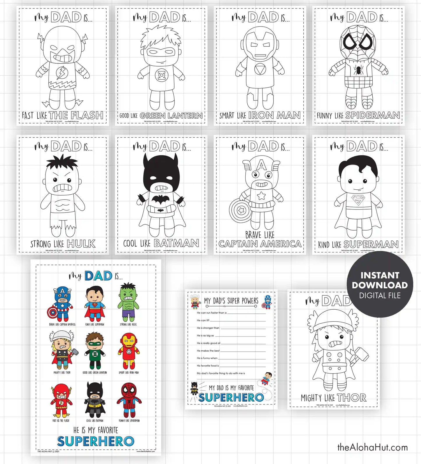 Superhero Father's Day Cards Coloring Pages + Questionnaire