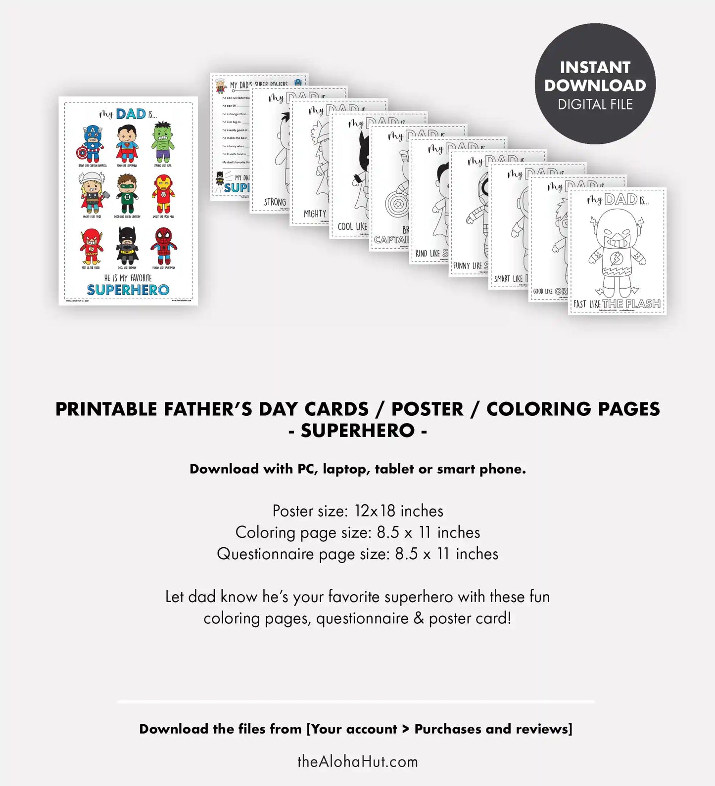 Superhero Father's Day Cards Coloring Pages + Questionnaire