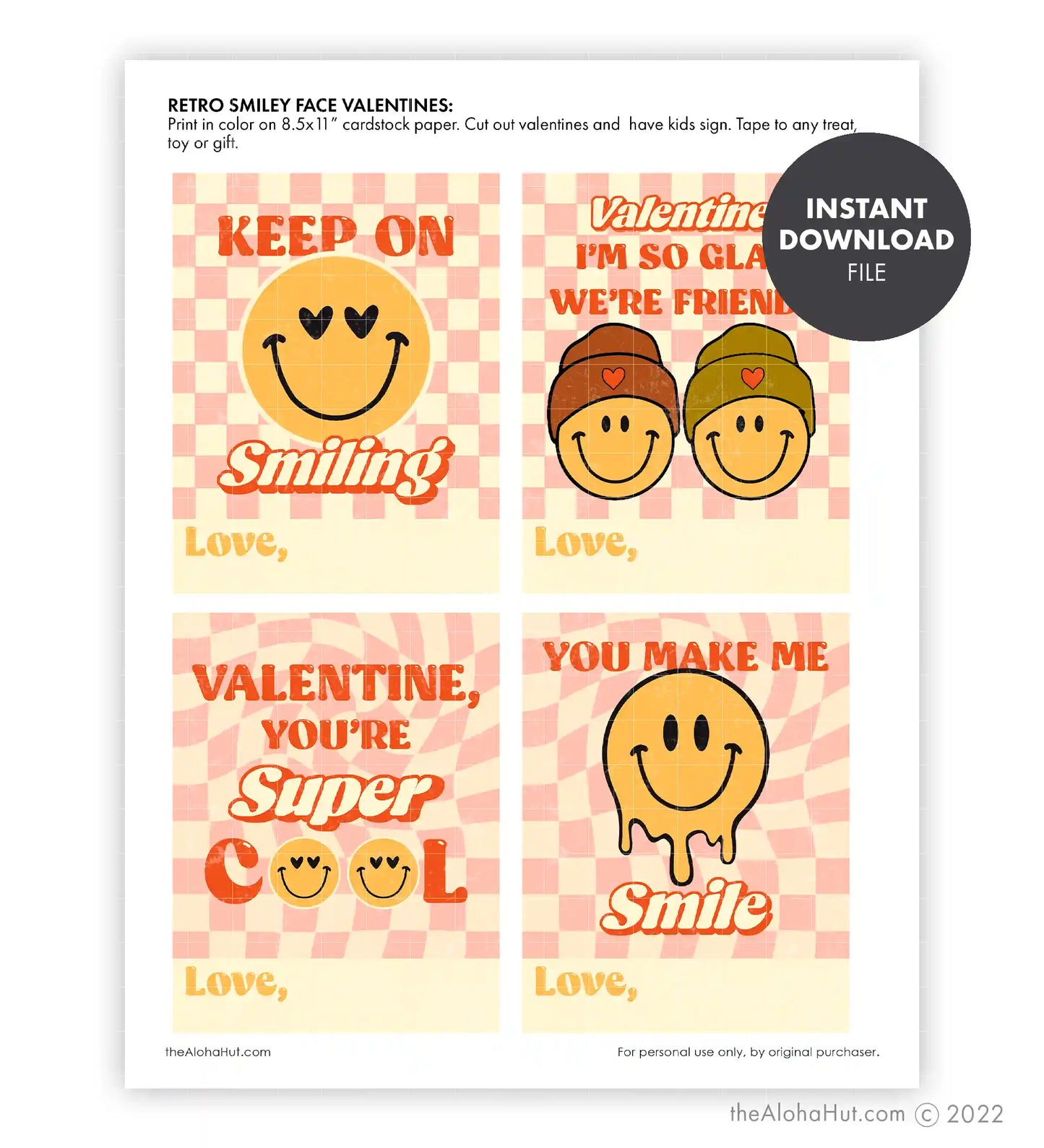 Retro Groovy Smiley Face - Printable Valentines