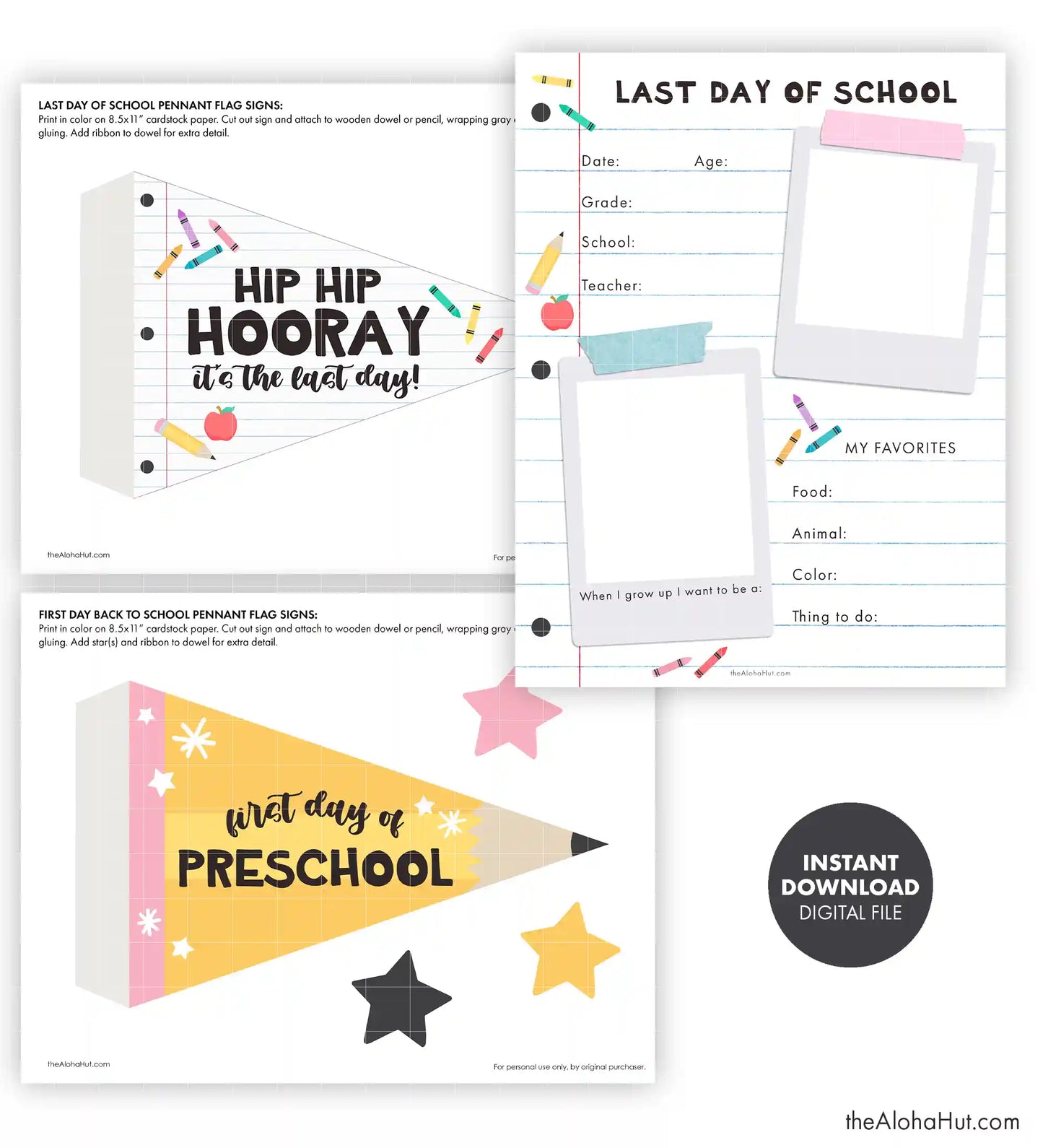 First and Last Day of School Signs and Pennants + All About Me Page