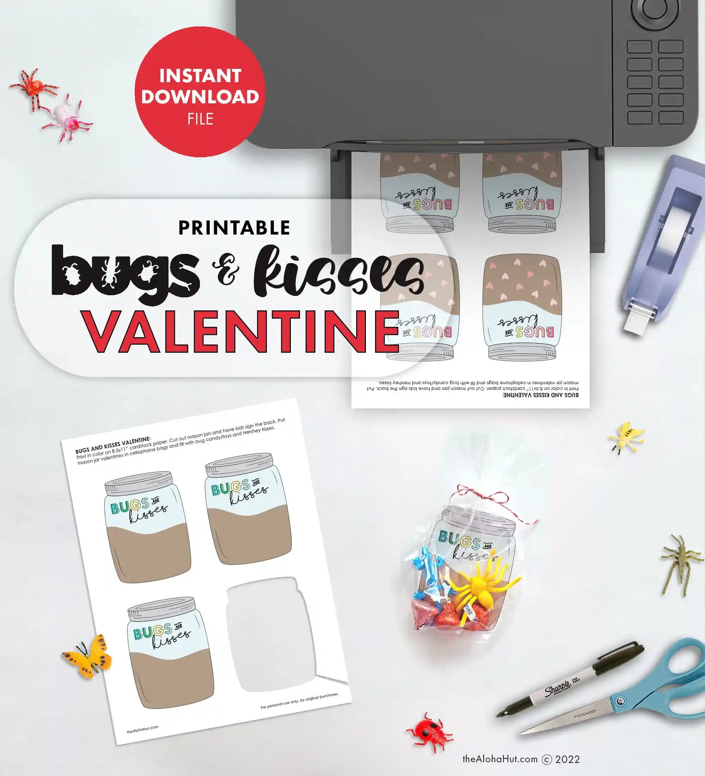 Bugs & Kisses Mason Jar - Printable Valentines