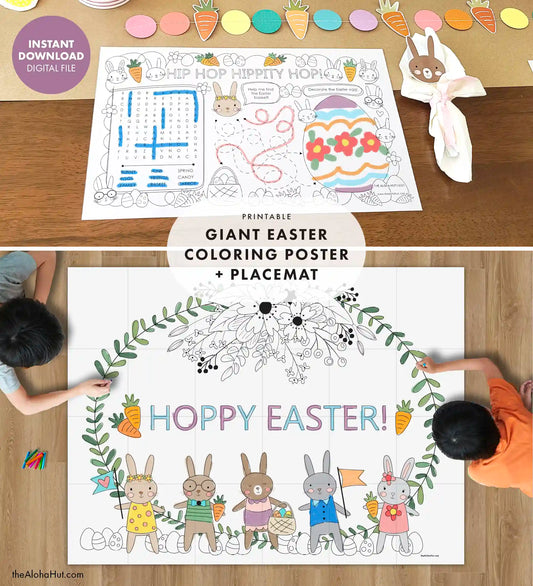 Easter Bunny Party Decor - Coloring Poster + Activity Placemat