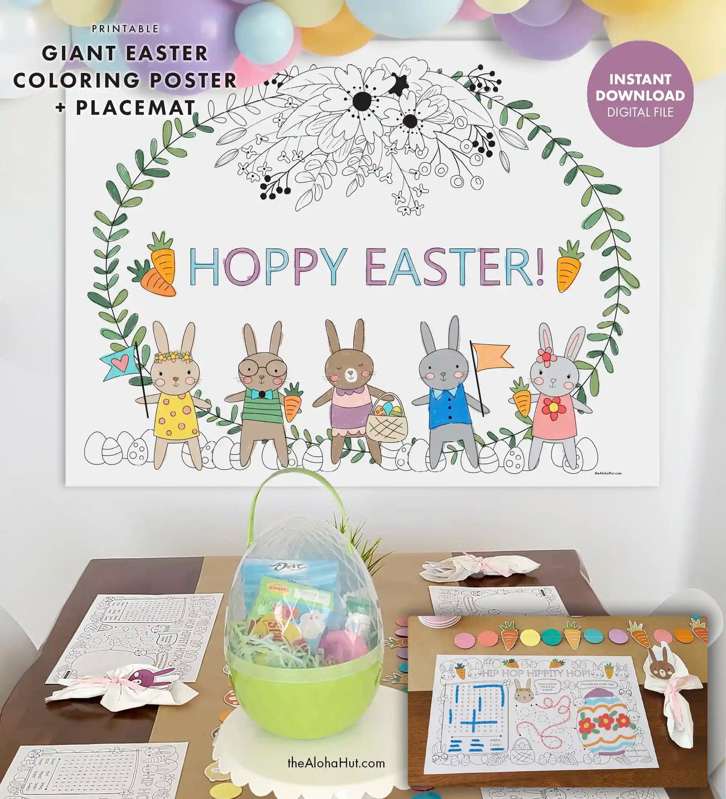 Easter Bunny Party Decor - Coloring Poster + Activity Placemat