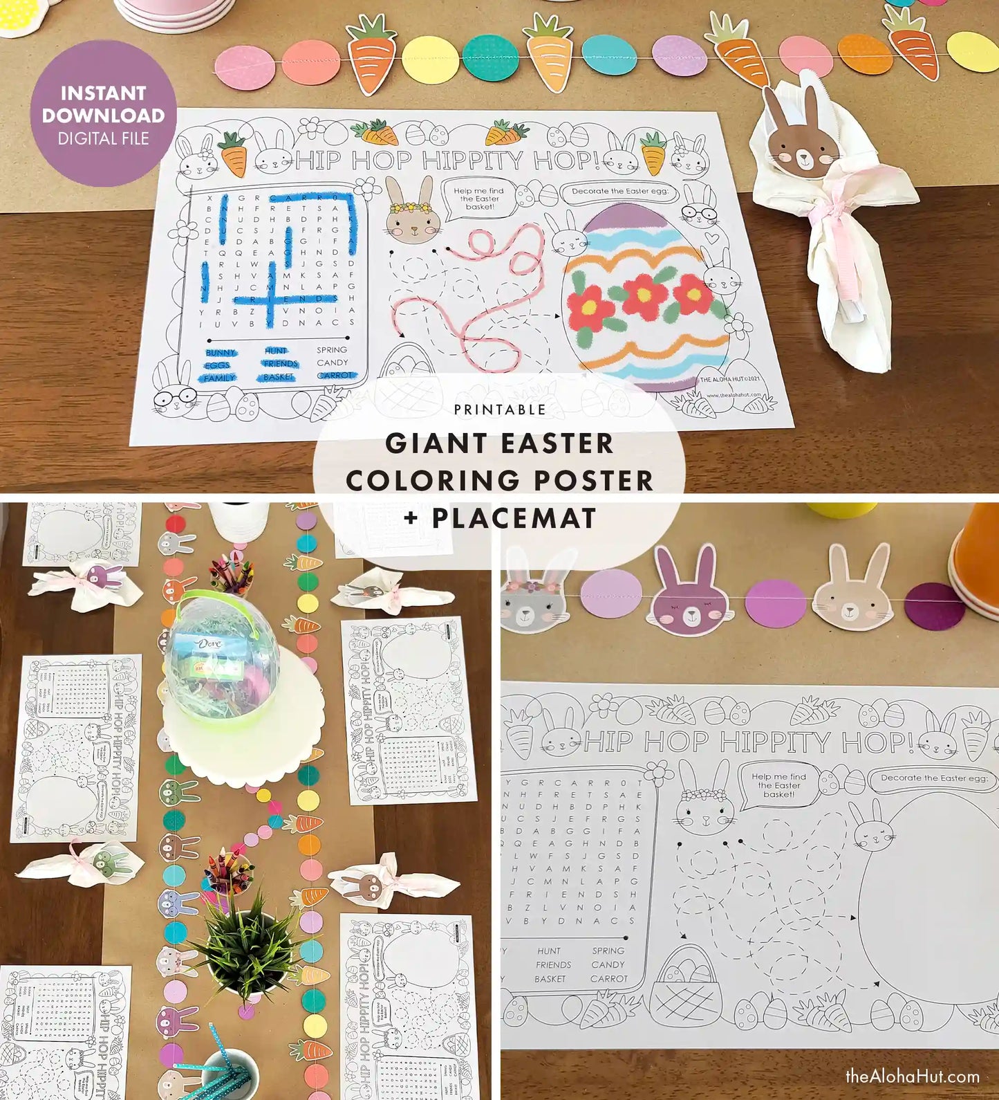 Easter Bunny Party Decor - Coloring Poster + Activity Placemat