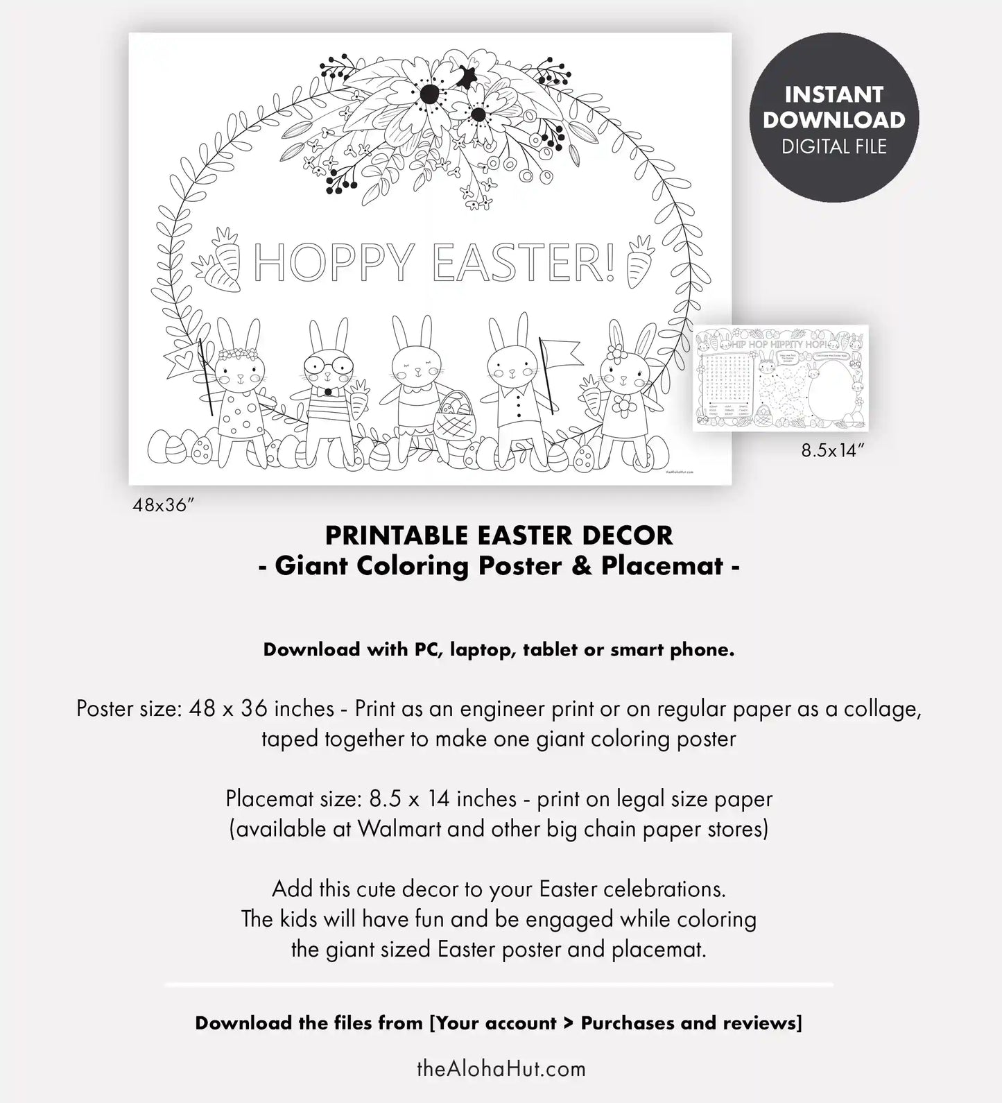 Easter Bunny Party Decor - Coloring Poster + Activity Placemat