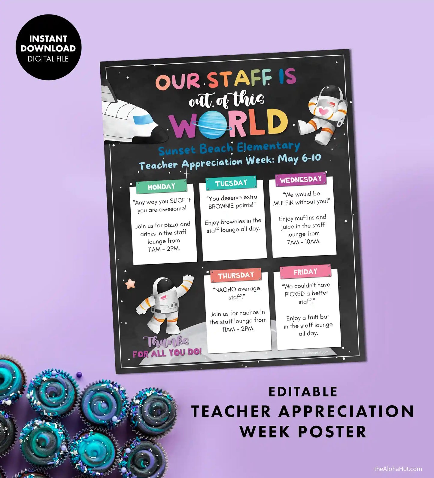 Editable Galaxy Teacher & Staff Appreciation Week Schedule / Itinerary