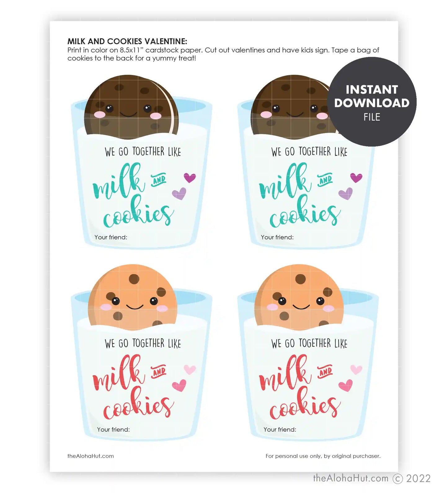 Milk & Cookies - Printable Valentine